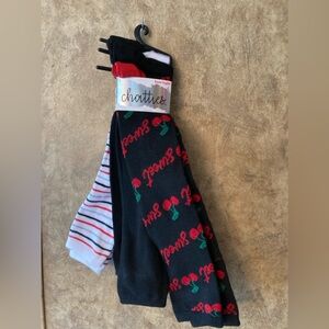 Knee High Socks Black White Red Cherries Cherry 3 pack Shoe size 4-10 adult